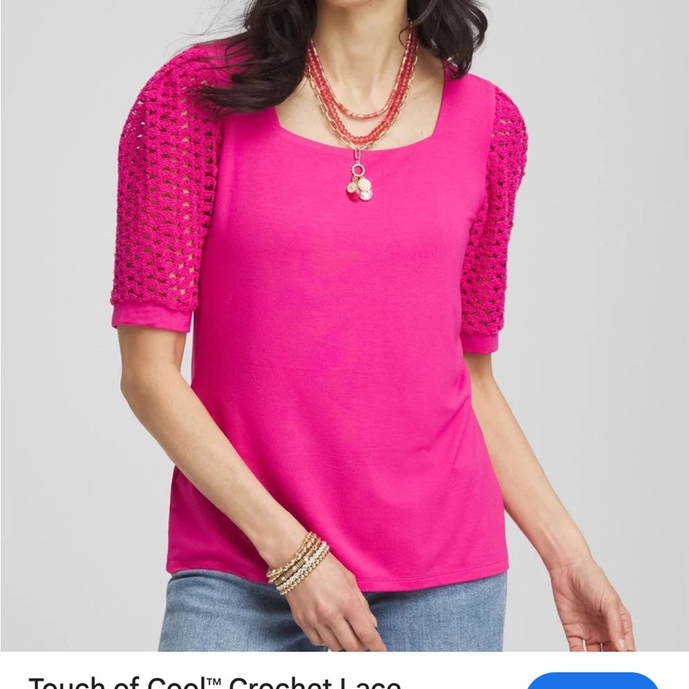 Chico’s Touch of Cool™ Crochet Lace sleeves Square-Neck Tee pink sz 3‎ XL